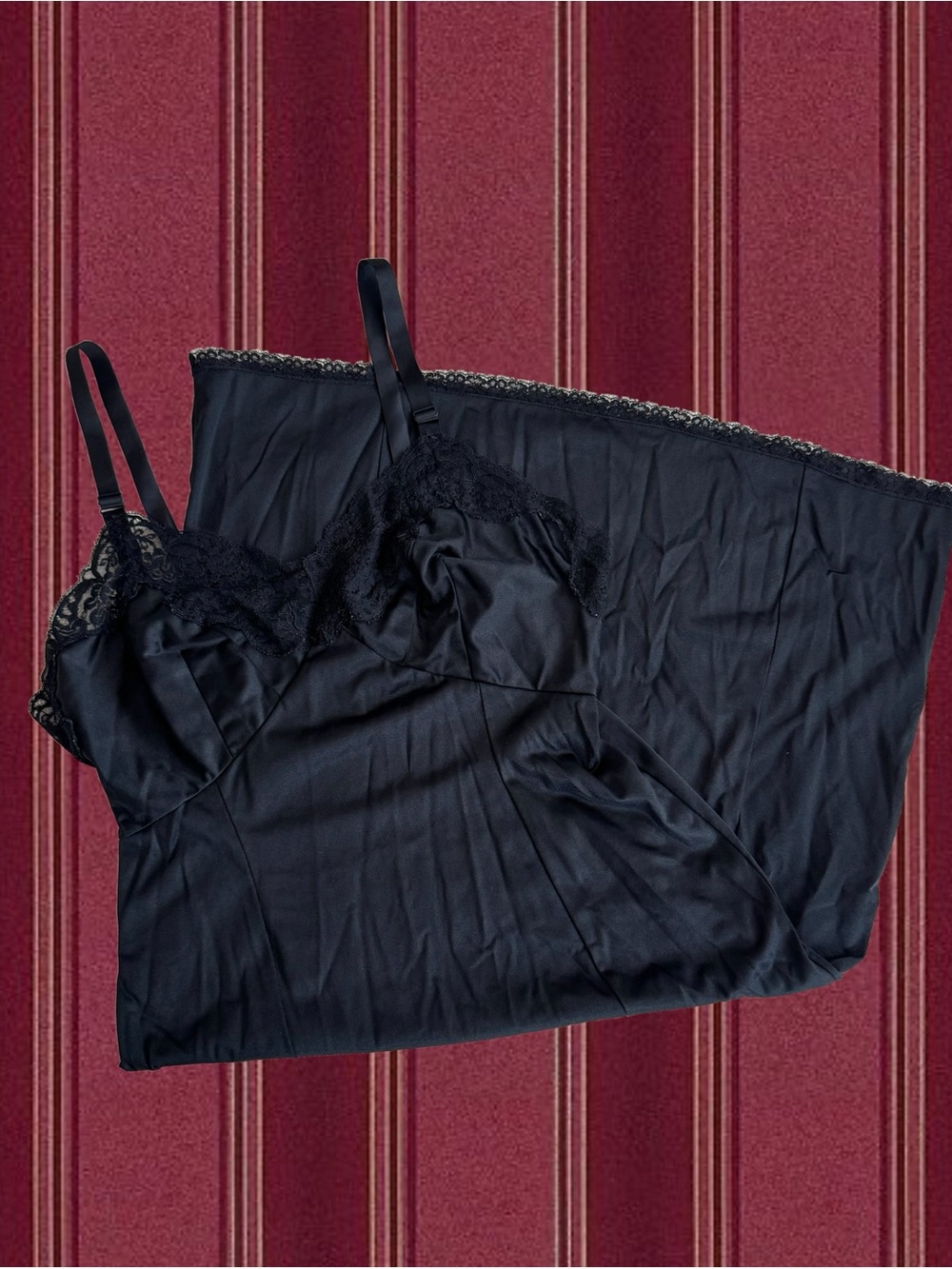 Satin Lace-Trim Chemise Nightgown in Black